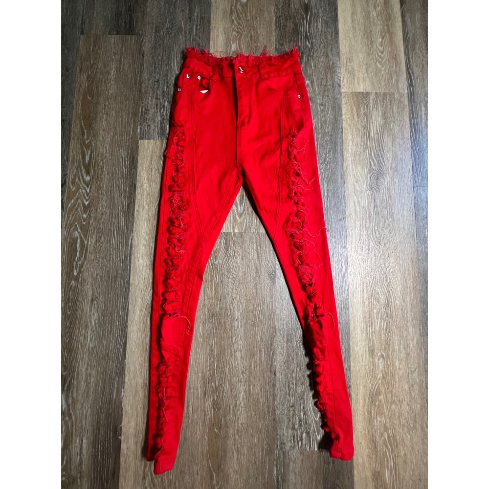 Distressed Shredded Skinny Jeans Womens Large Red Excellent Streetwear